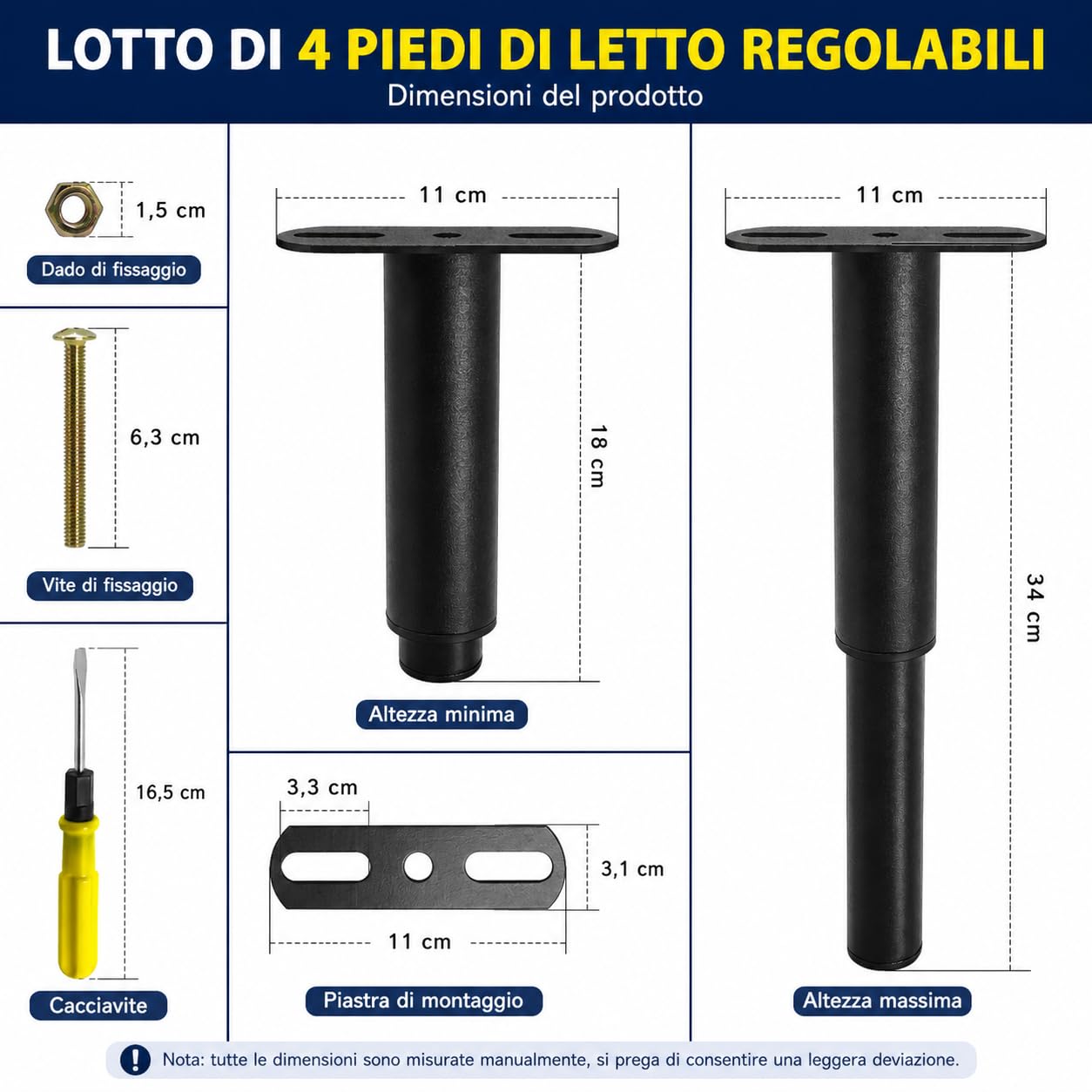 Engelblick 4 Pezzi Piedini per Rete a Doghe in Metallo, Altezza Regolabile Senza Foratura, Piedi di Supporto Centrale per Letto e Mobili, Set da 4 (18-34 cm)