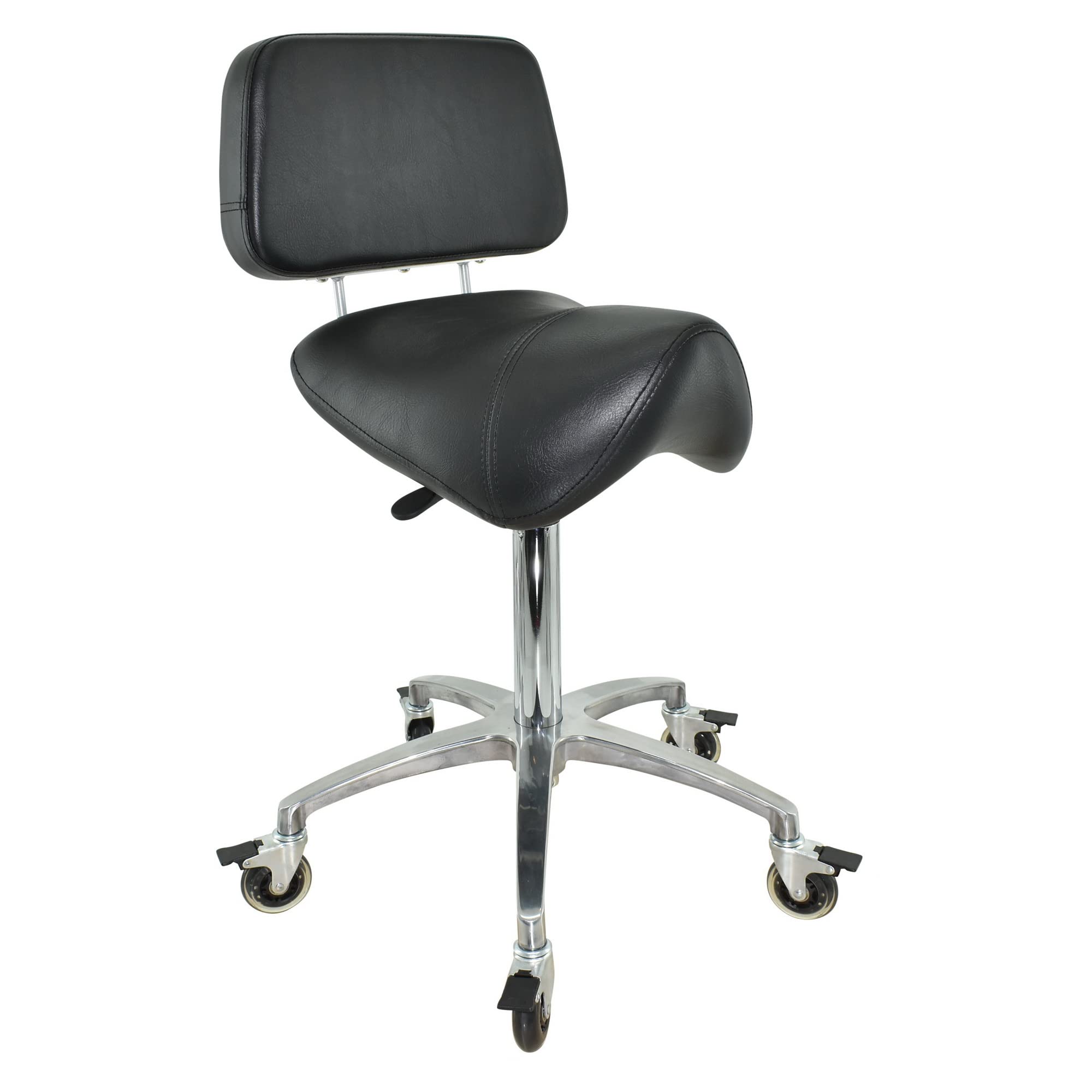 Breiter Sattelhocker schwarz mit Bremse und Lehne, Sattelstuhl für Rückenentlastung, Rollhocker höhenverstellbar von 55-75 cm, Praxishocker, Bürohocker, Arbeitshocker