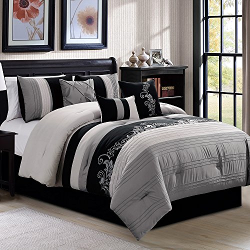 Chezmoi Collection Napa 7-Piece Luxury Leaves Scroll Embroidery Bedding Comforter Set (California King, Gray/Light Gray/Black)