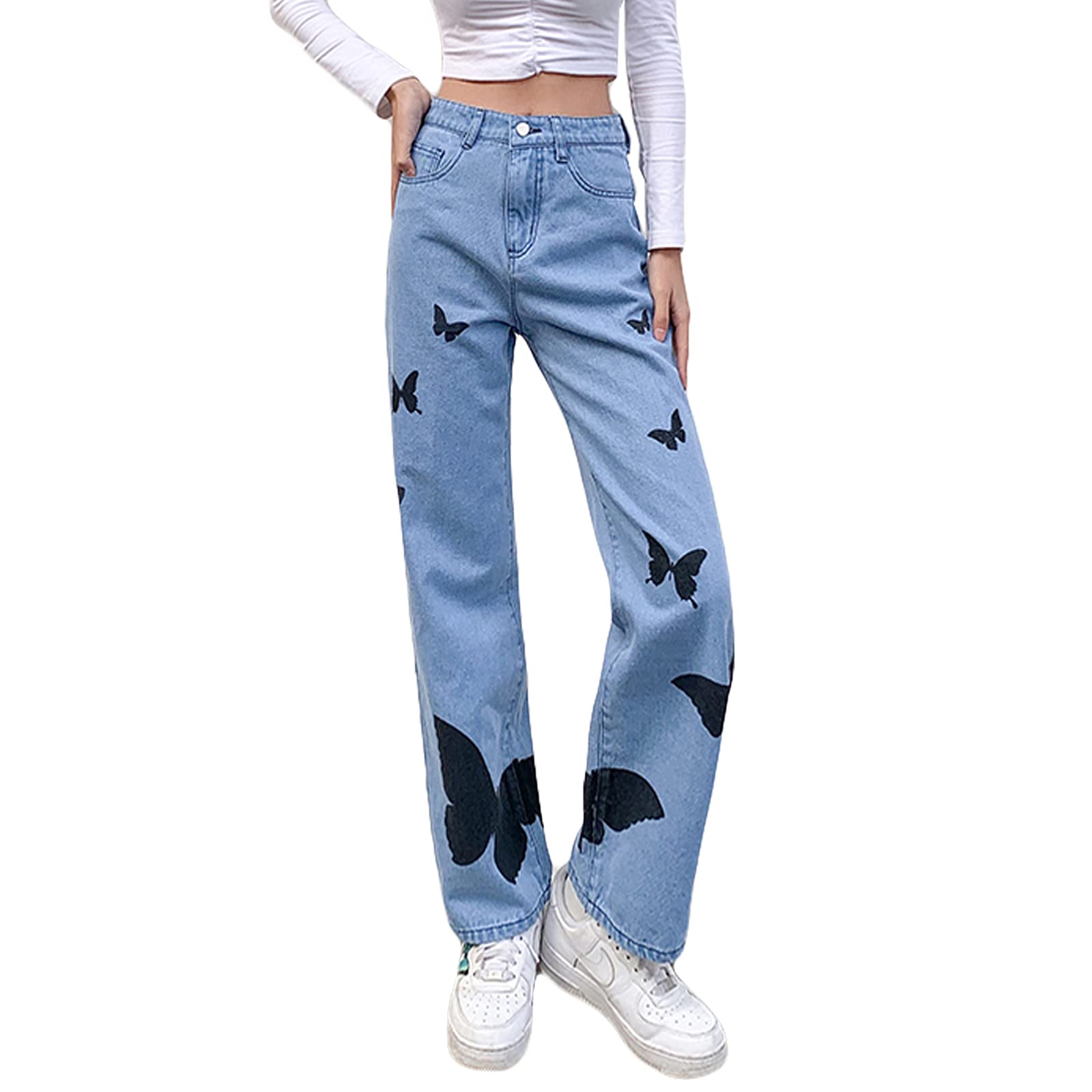 Baggy Jeans for Women Butterfly Print Wide Leg High Waist Denim Pants Fashion Funny Streetwear Jeans