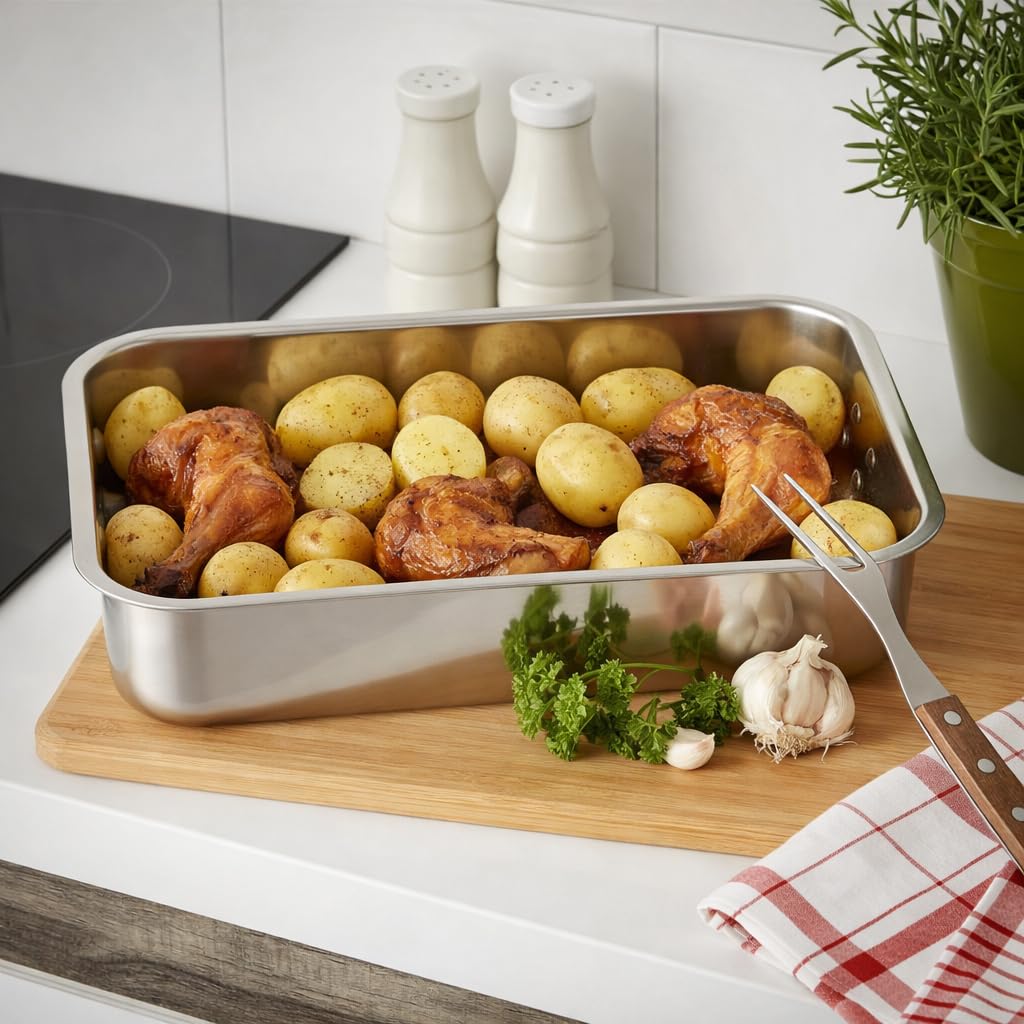 Teglie da Forno in Acciaio Inox - Teglia Rettangolare in Acciaio inossidabile - Lasagnera per Forno - Teglia Lasagna - Stampo da Forno Rettangolare - Maniglie Pieghevoli - 40 cm