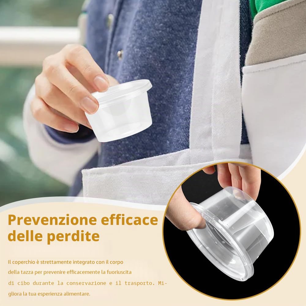 LPAMABA 100 Pz Vasetti Trasparenti per Salse da 100ml,Contenitori per Condimenti con Coperchi,Bicchieri per Salsa in plastica,Tazze Rotonde Trasparente per Alimenti, Tazze per Salsa, Condimenti