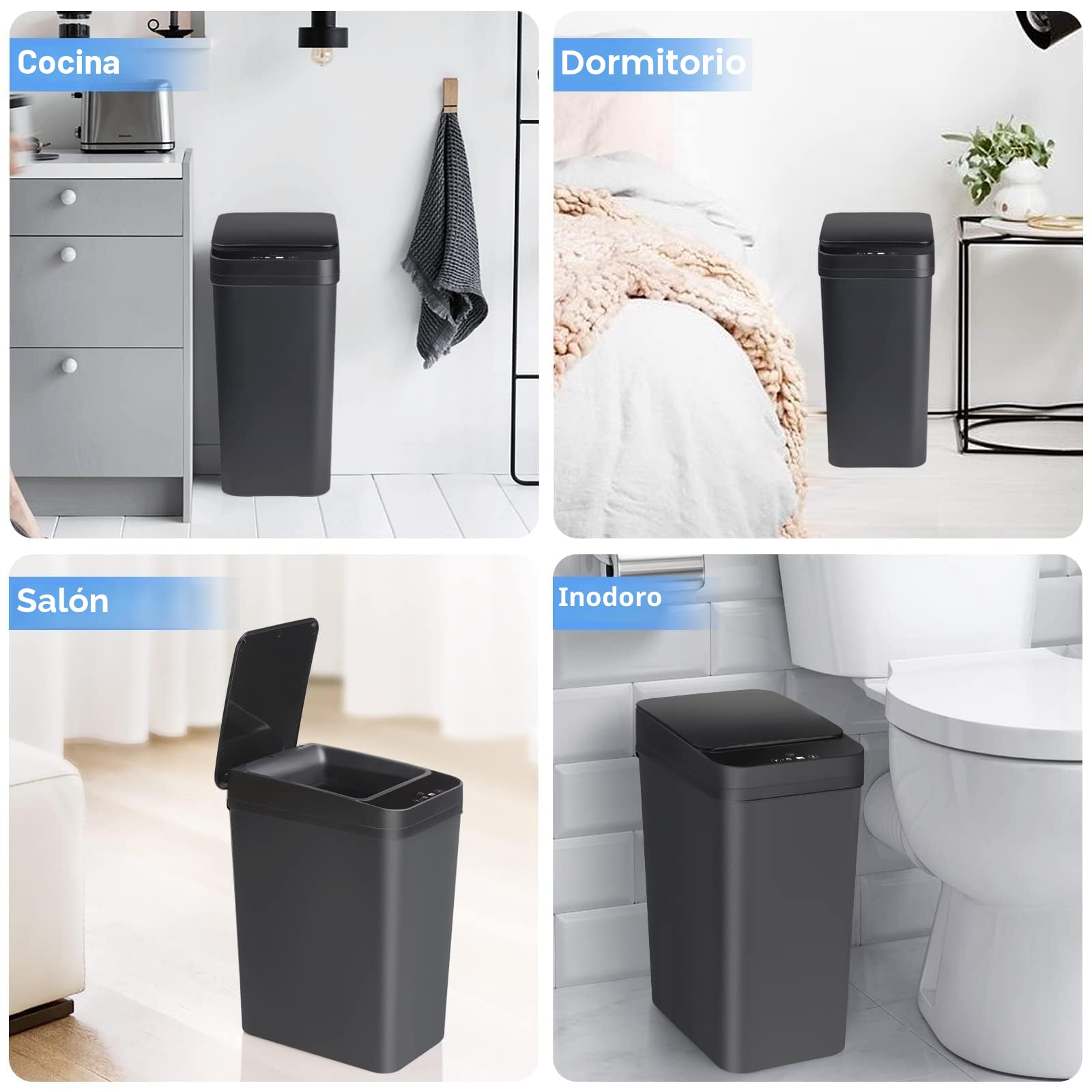 Papelera Automática de Baño, Cubo de Basura Inteligente con sensor de movimiento, 12L Cubo Basura Estrecho sin Contacto, Papelera Negra con Tapa para Baños, Cocinas, Dormitorios, Oficinas