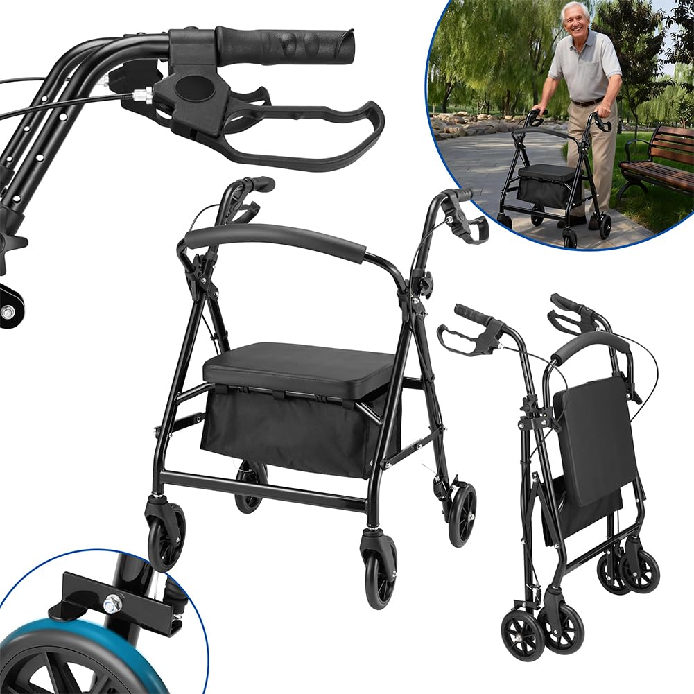 BAKAJI Andador plegable para ahorrar espacio con asiento para personas mayores, discapacitados y personas con movilidad reducida, andador con asas ergonómicas, asistencia con frenos y altura ajustable