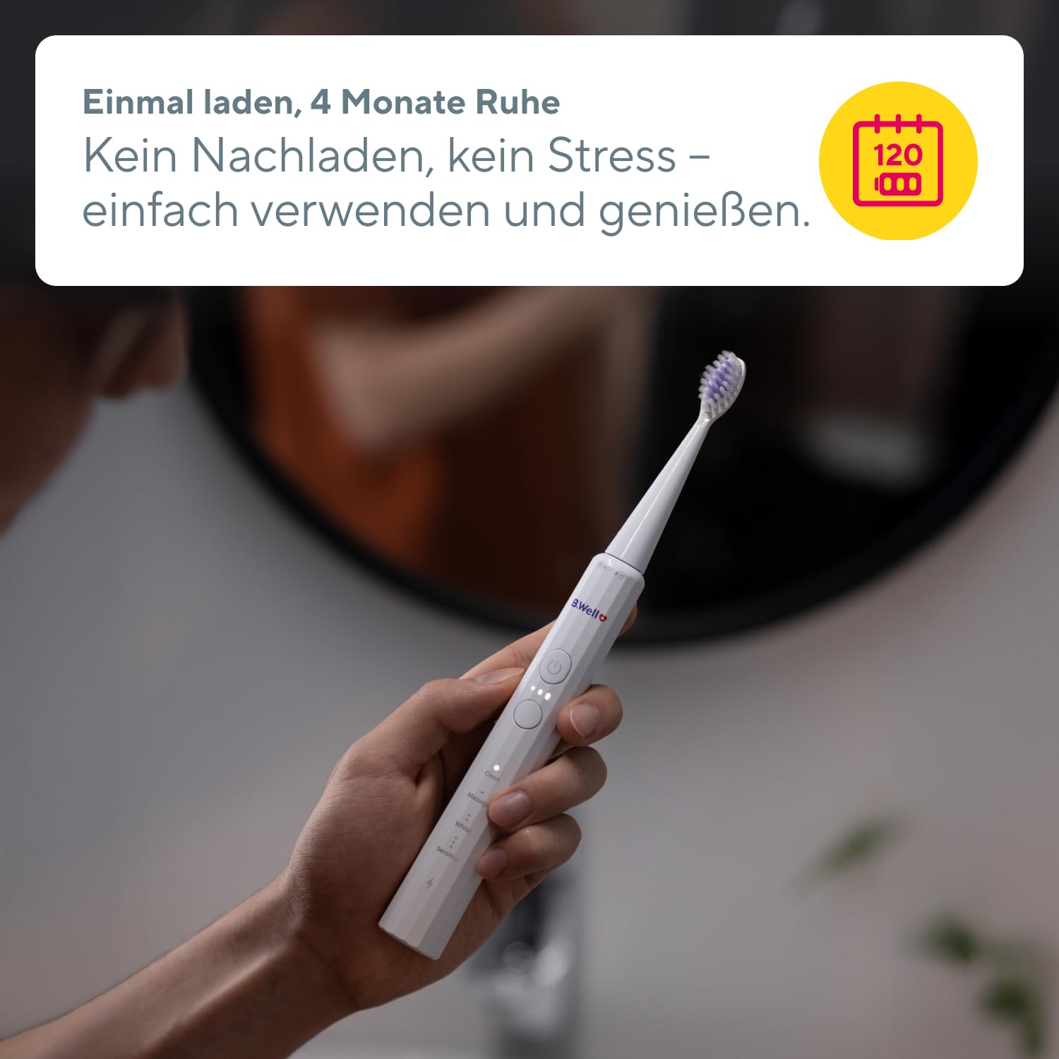 B.Well MED-870 Schallzahnbürste | 12 Reinigungsmodi & 4 Monate Akku | Schweizer Qualitätsstandards: 12 Modi, 2-Minuten-Timer mit 30-Sek.-Intervall, Induktionsladung und 2 farbige Bürstenköpfe.