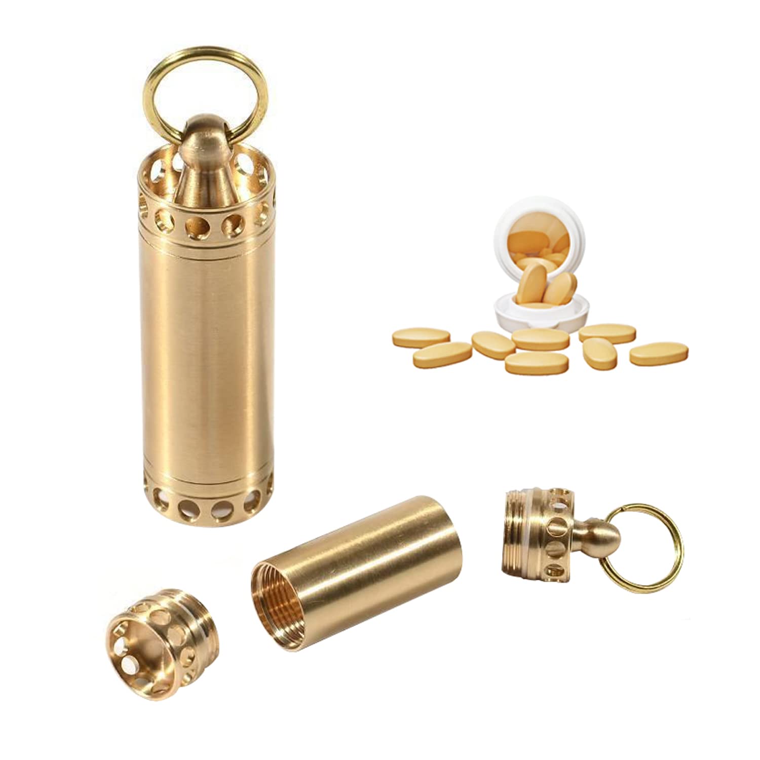 Small Brass Pill Box Nitro Pill Case Keychain Waterproof Travel Pill Holder for Purse Air-Tight EDC Accessory Case