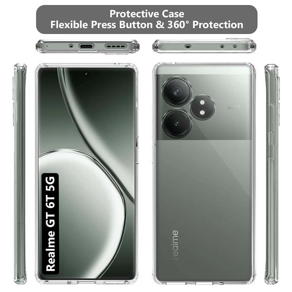 Image of Fashionury Crystal Clear Case for Realme GT 6T 5G | Yellowing Resistance | Transparent TPU Silicone | Raised Camera Lips | Slim Transparent Cover