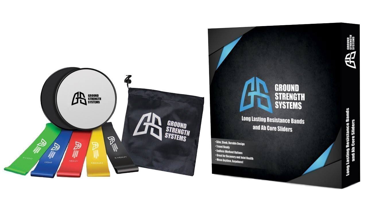Ground Strength Systems Premium Set of 5 Resistance Loop Bands, 2 Core Sliders Gliding Disks with Travel Bag, Perfect for Intense Exercises Anywhere for Low-Impact Joint Health, en Core, Abs, Glutes