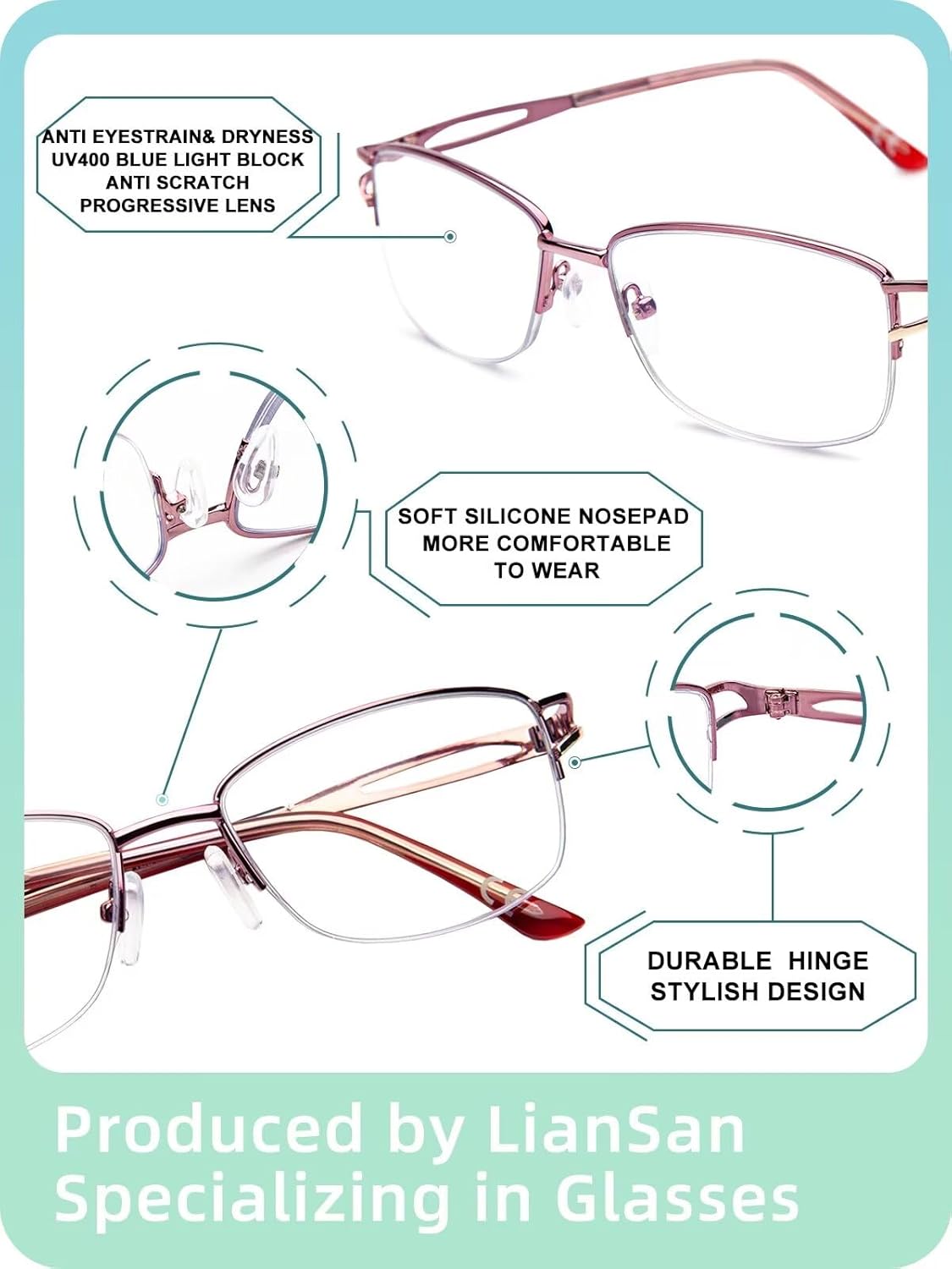 LianSan Superior Progressive Multifocus Reading Glasses - for Women,Ladies No-Line Multifocal Computer Readers for 3-5 Feet(Pink,1.50x) - Image 6