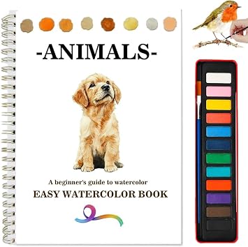 Watercolor Workbooks Coloring Book Beginner Friendly Painting Kit Easy Nature Scenes Paint Set Art Crafts for Creative Exploration Gift for Adults Animals, with Palette