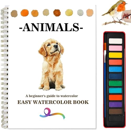 Watercolor Workbooks Coloring Book Beginner Friendly Painting Kit Easy Nature Scenes Paint Set Art Crafts for Creative Exploration Gift for Adults (Animals, with Palette)