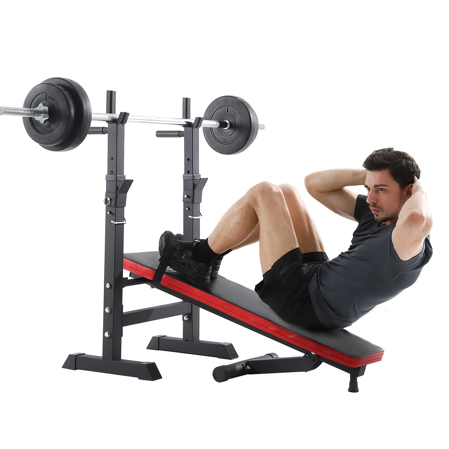 ISE Hantelbank, faltbar, verstellbar, mit Stangen, für Hanteln und Dips, Trainingsbänke, verstellbar, Rot / Schwarz 544-BK, Weiß / Schwarz, 544-WH