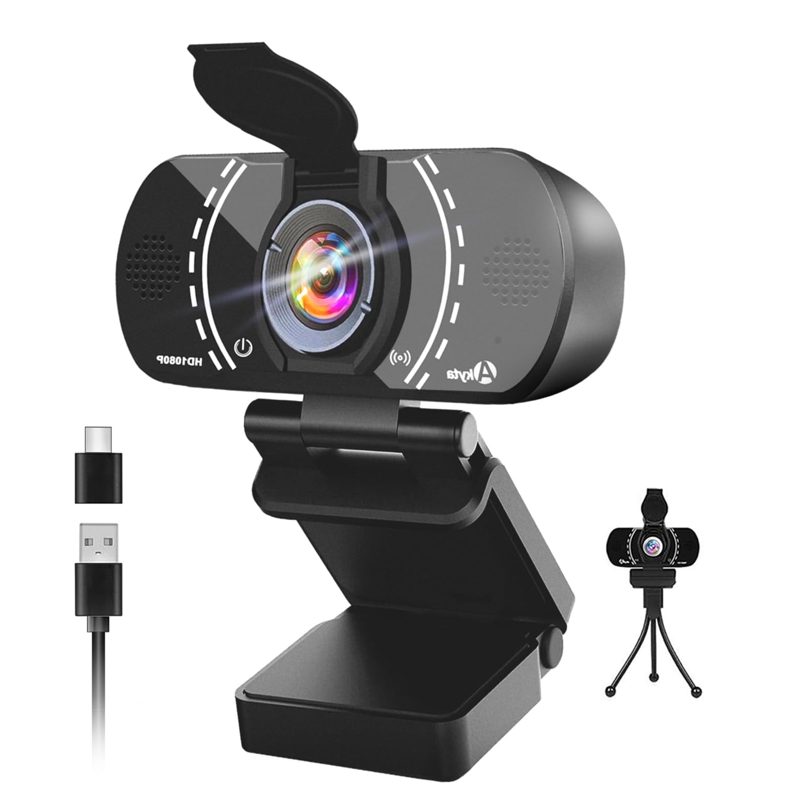 Akyta Cámara web 1080P con micrófono, cámara web con micrófono con cancelación de ruido/cubierta de privacidad/soporte/adaptador y gran angular de 110°, cámara web USB para computadora de escritorio