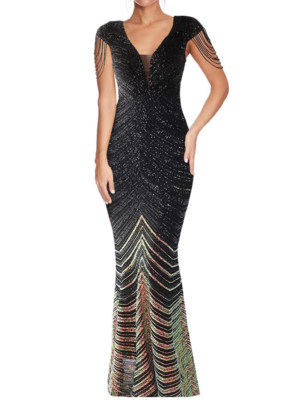 Women 1920s Plus Size Formal Dress Tassels Sleeve Sequins Gatsby Maxi Evening Gown