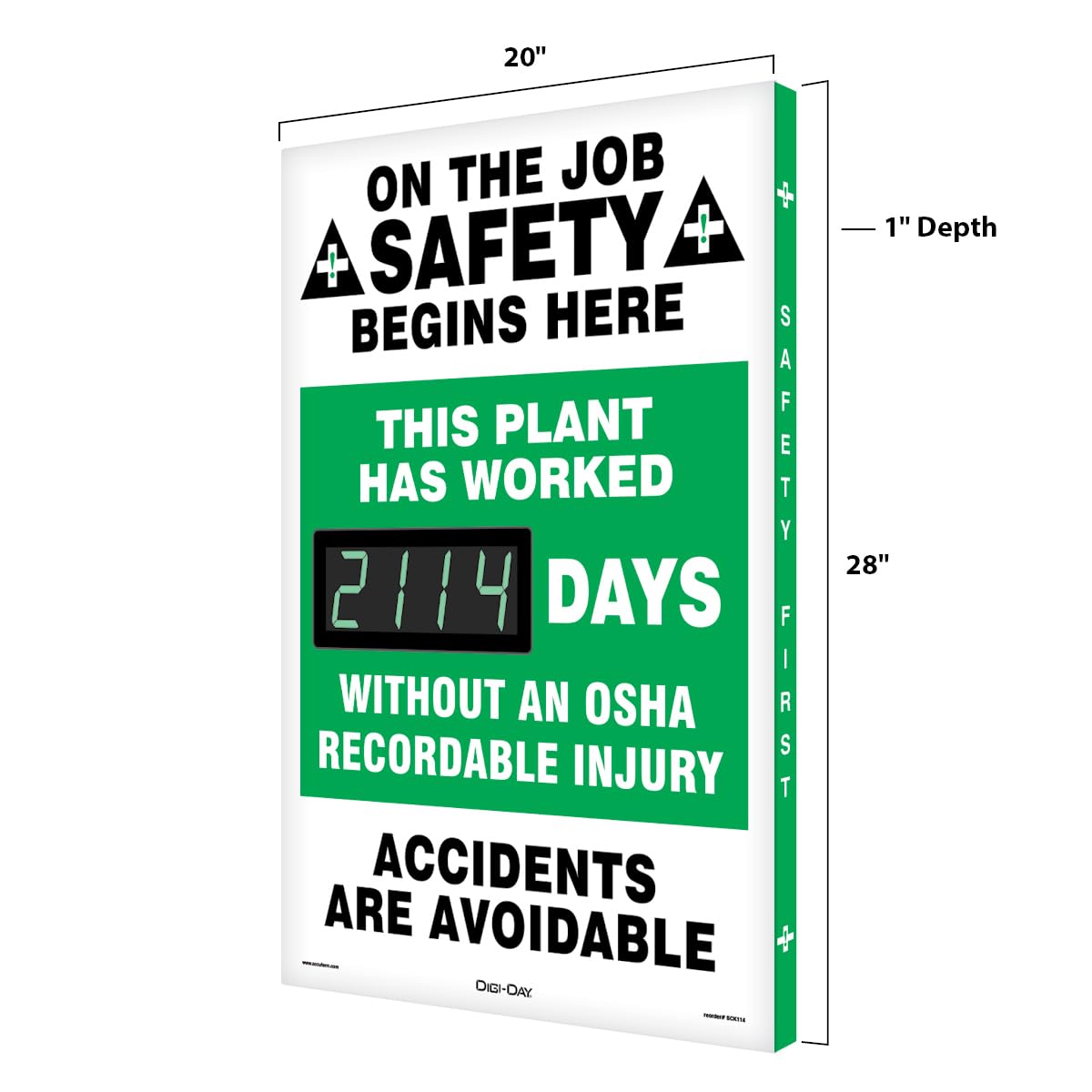 SCK114 Aluminum Digi-Day2 Electronic Scoreboard,"ON The Job Safety Begins HERE - This Plant HAS Worked #### Days Without an OSHA RECORDABLE Injury - Accidents are AVOIDABLE"