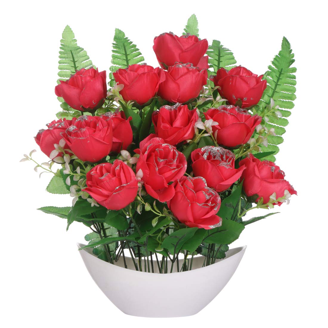 CAAJIB Rose Bunch Artificial Flower Plant with Vase Pot for Home Decor Decorative Flowers, (15-Red Roses, 40 cm)