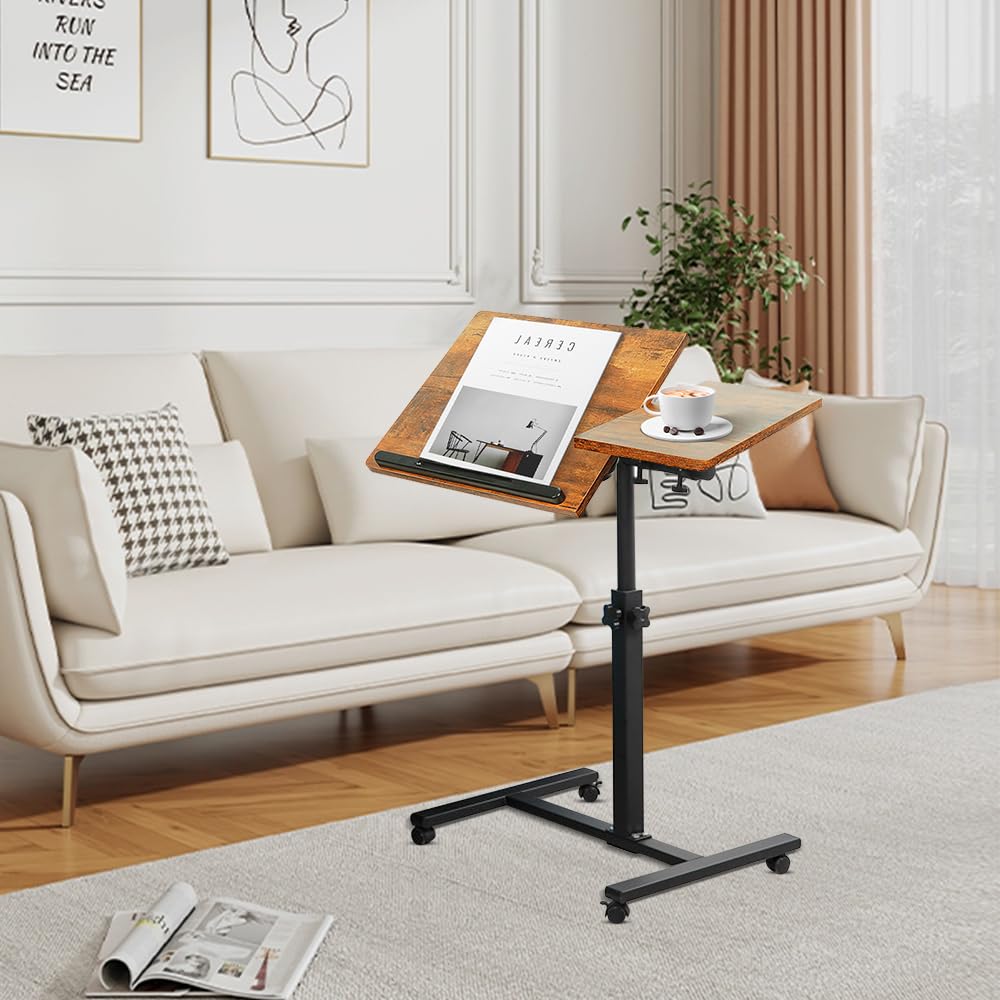 Homewell - Mesa auxiliar ajustable en altura con ruedas, mesa de noche, deslizante, 360 ° giratoria, para sofá, estilo industrial, sofá o cama, 60 x 34,5 x 58-90 cm (D amarillo)