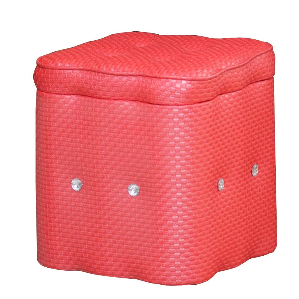 Pouf en bois massif et cuir PU rouge coffre de rangement de luxe
