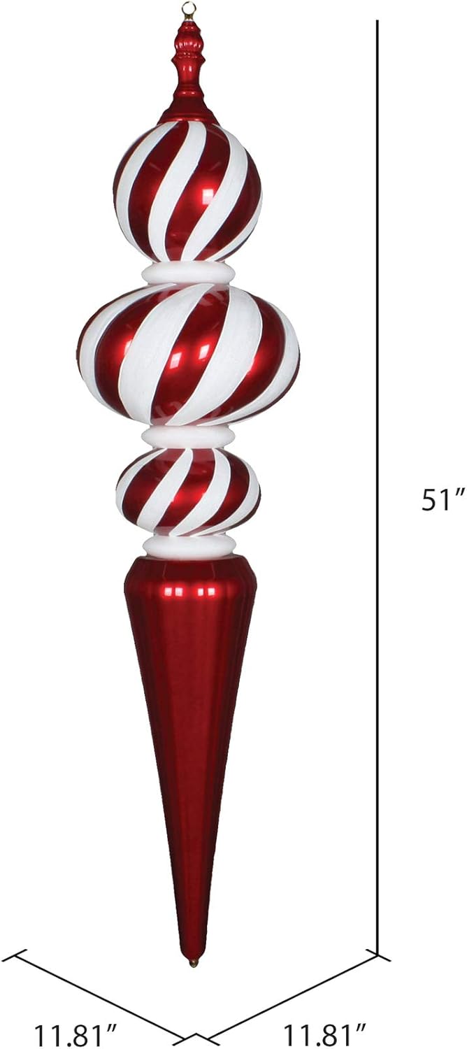 Vickerman 51" Jumbo Candy Finish Finial Stripe Ornament, Shatterproof Plastic, Holiday Christmas Tree Decoration, Red and White