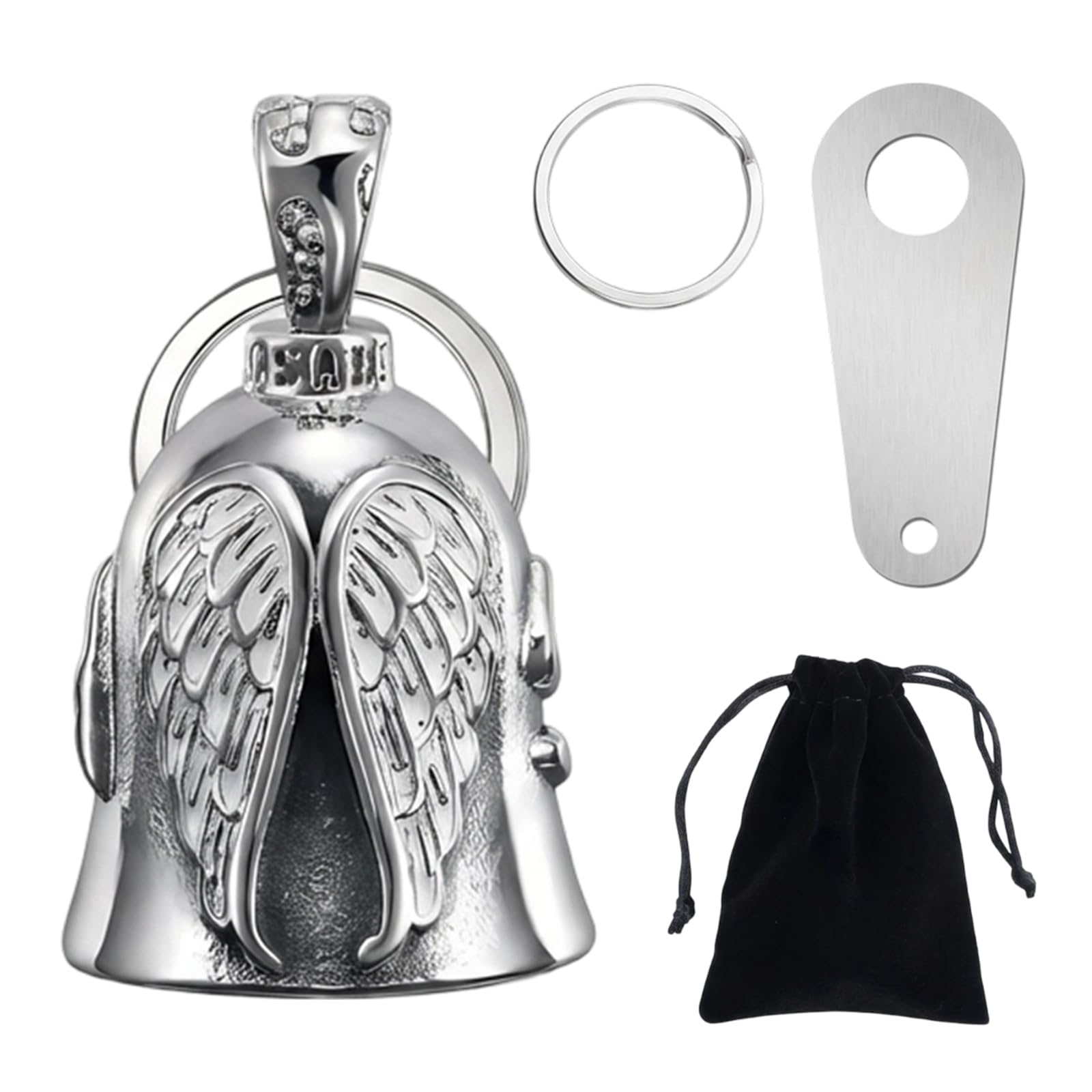 Guardian Bell Motorcycle Good Luck Charm, Guardian Bell for Motorbikes with Bells Hanger 2 Key Chain Rings and Organizer Bag , Zinc Alloy Guardian Angel Bell Biker Charm, Motorbike Gifts for Men