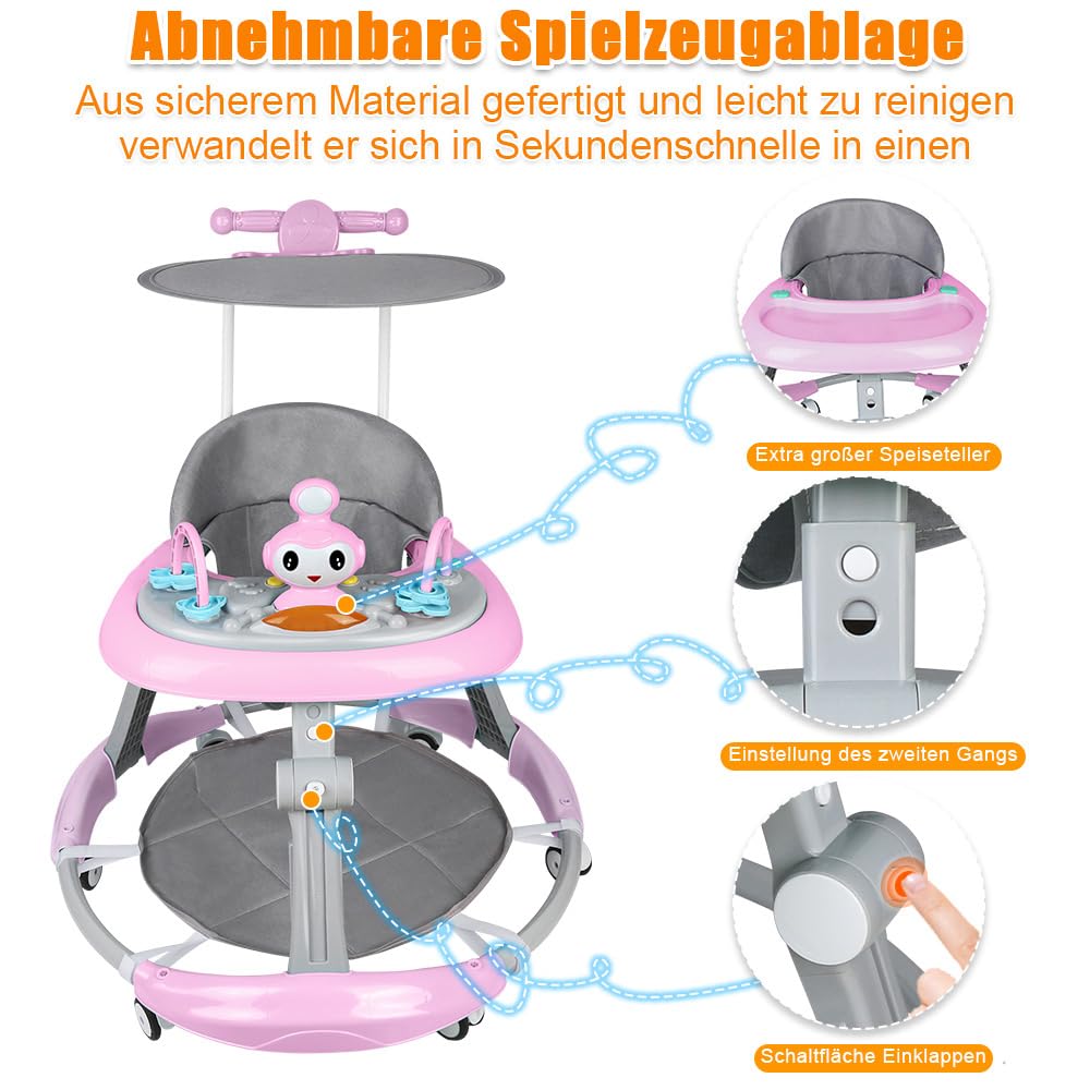 Girello pieghevole per neonati da 6 a 18 mesi, girello per bambini ragazzi e ragazze, barra di spinta alta + cappotta girevole a 360° + musica, 67 x 67 x 79 cm, rosa