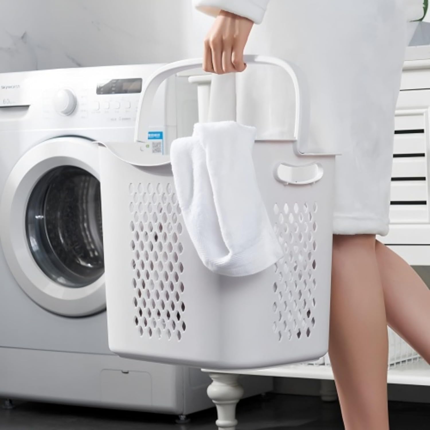 Laundry Storage Organizer with Wheels, Four-Tier Laundry Basket Sorter, Removable Rolling Laundry Basket, Dirty Clothes Bathroom Cart, White