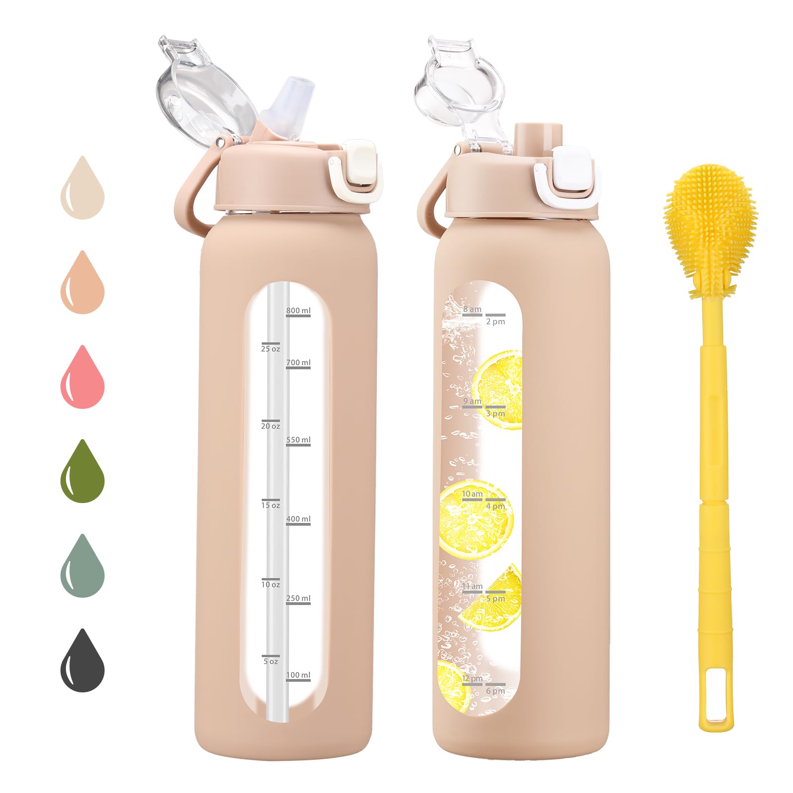 chunmo 32 oz Glass Water Bottles with 2 Lids-Handle Spout Lid & Straw Lid, 1 Liter Motivational Borosilicate Water Bottle with Time Marker and