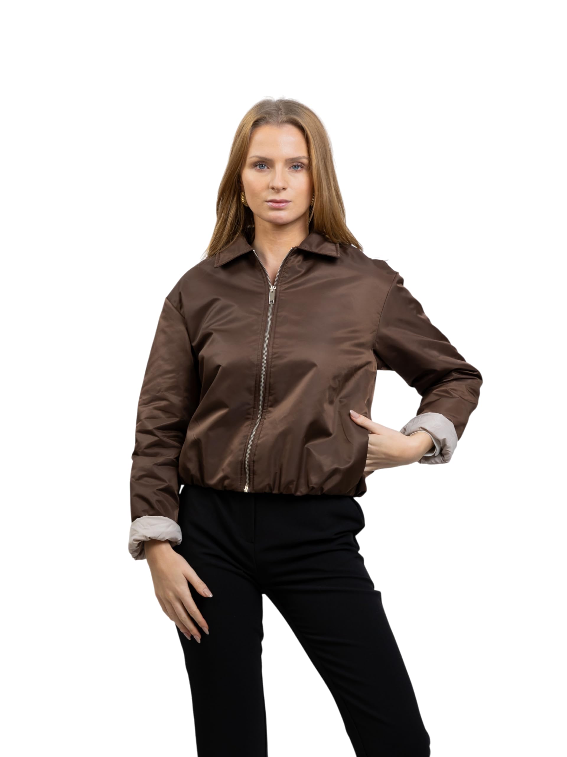 Blouson Bomber Femme avec Fermeture Zip, Col à Revers, Poignets et Bas Élastiques, Doublure Contrastée