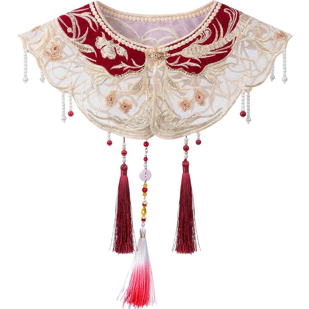 Fituenly Vintage Dress Detachable False Collar Pearl Tassels Shawl Scarf Hanfu Fairy Collar Embroidery False Lead Yunjian Shawl Scarf Chinese Hanfu Accessories