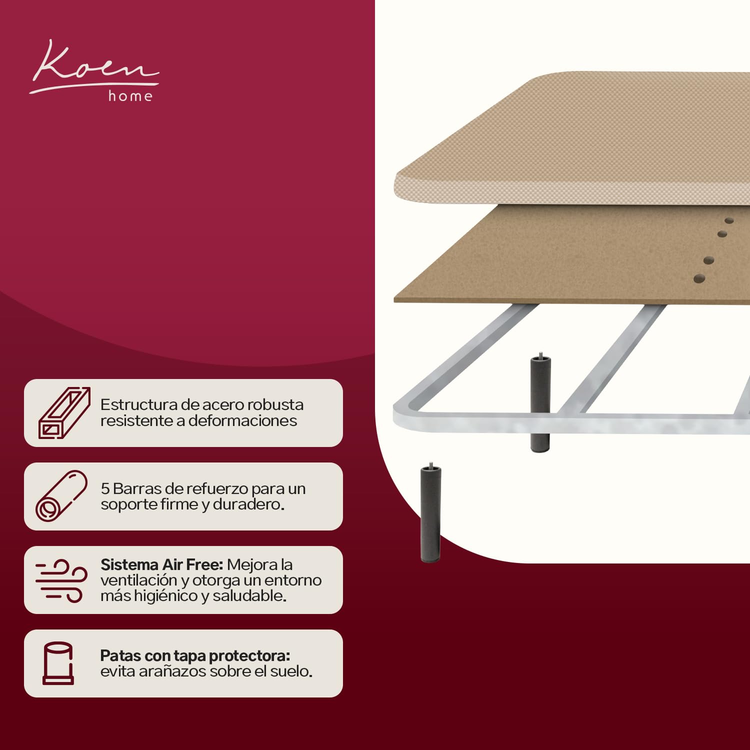 Base tapizada 200 x 200 cm (Dúo) Beige - Patas 30 cm - Tejido 3D Antideslizante - Estructura Resistente - 100% Transpirable - Compatible con Cualquier colchón