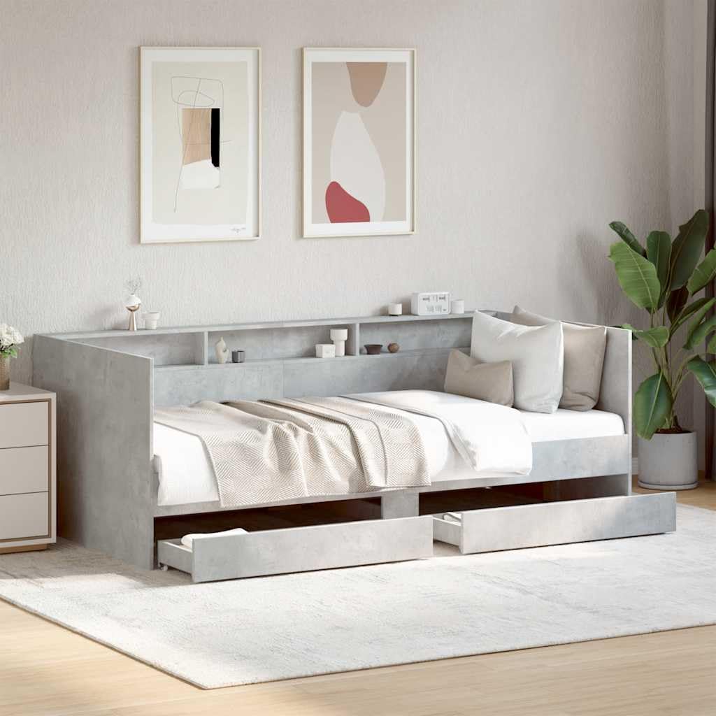 Leżanka 2 w 1 z szufladami do salonu z kółkami Szary 100x200 cm | Łóżko dzienne z szufladami 100x200 cm sofa do spania bez materaca rama listwowa gościnna