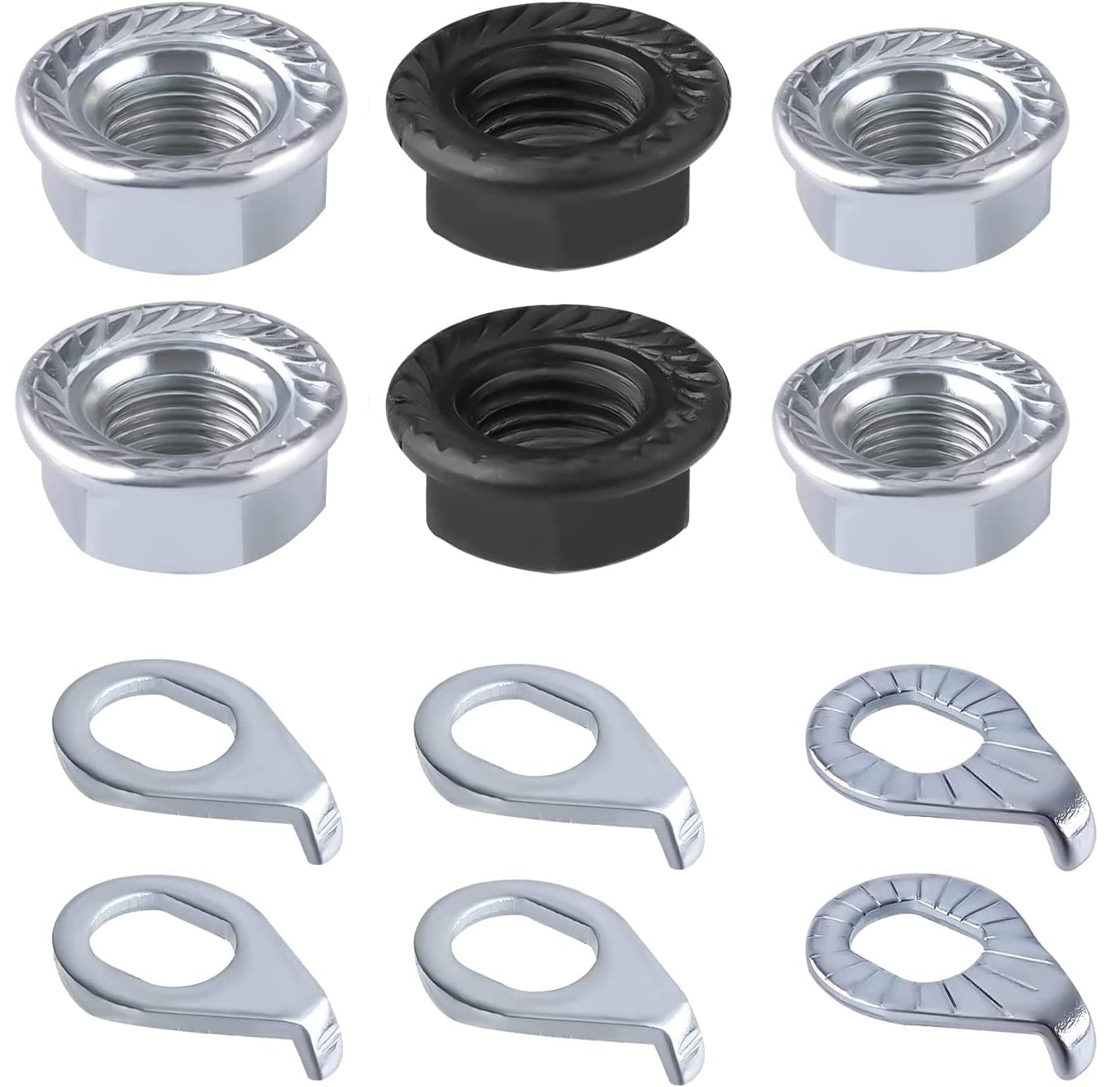 Bicycle Wheel Axle Nut and Safety Washer Kit, High Tensile Steel M8/M9.5/M10 Bike Hub Flanged Nuts Hardware Bicycle Hook Hub Parts Accessories for Front and Rear Bike Wheel Mountain Road (24 Pcs)