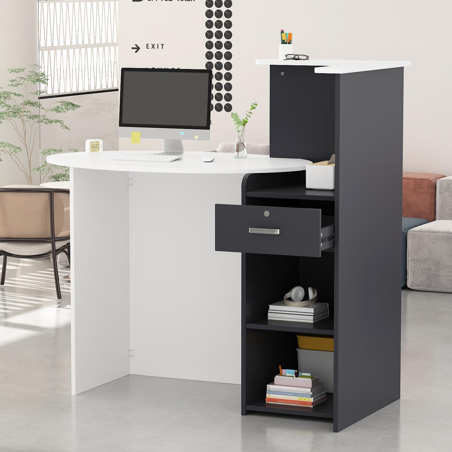 Mesa de Oficina, Mueble Recepción, Mostradores de Recepción Grandes, Mostrador Basic, Mostradores para Tiendas, Recepción Mueble, Blanco y Negro, MDF, 40 x 121 x 110 CM