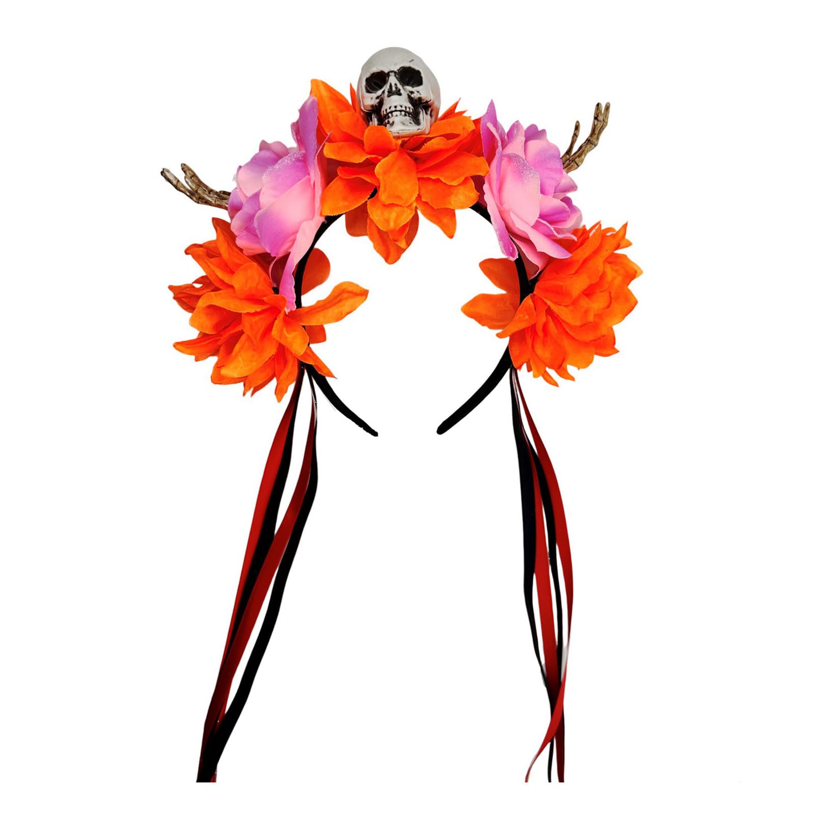 MICFENY Adjustable Skull Headpiece With Floral Skeleton Hands Halloween Hairband For Women Men Costume Accessories