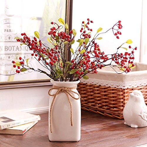 ForuMall Jarrón de cerámica blanco con lazo de cáñamo y adorno de flores para regalo creativo (M) Cover