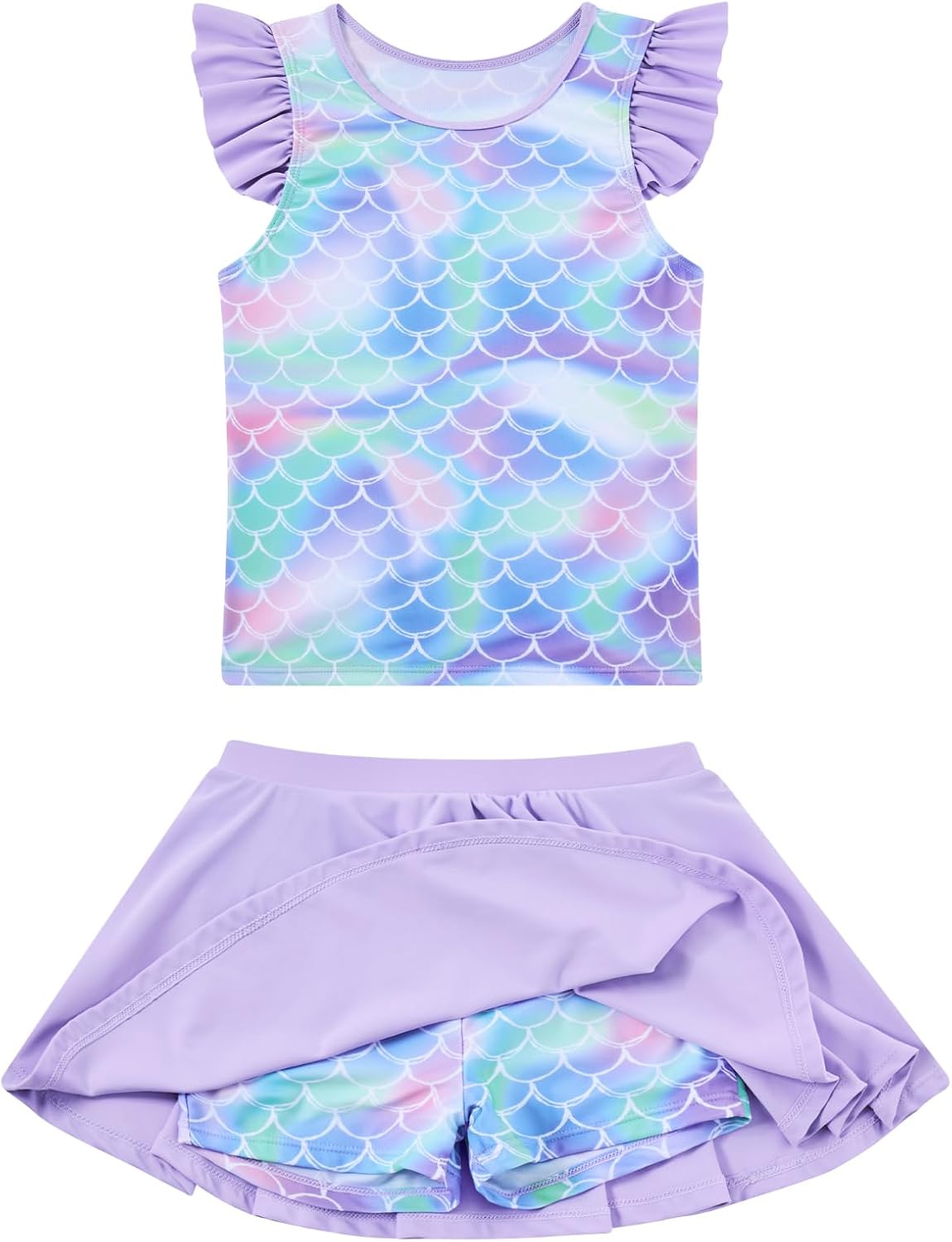 Girls Swimsuit 2 Piece Ruffle Bathing Suit UPF 50+ Tankini Swimsuit Skirt with Lining Size 3-10