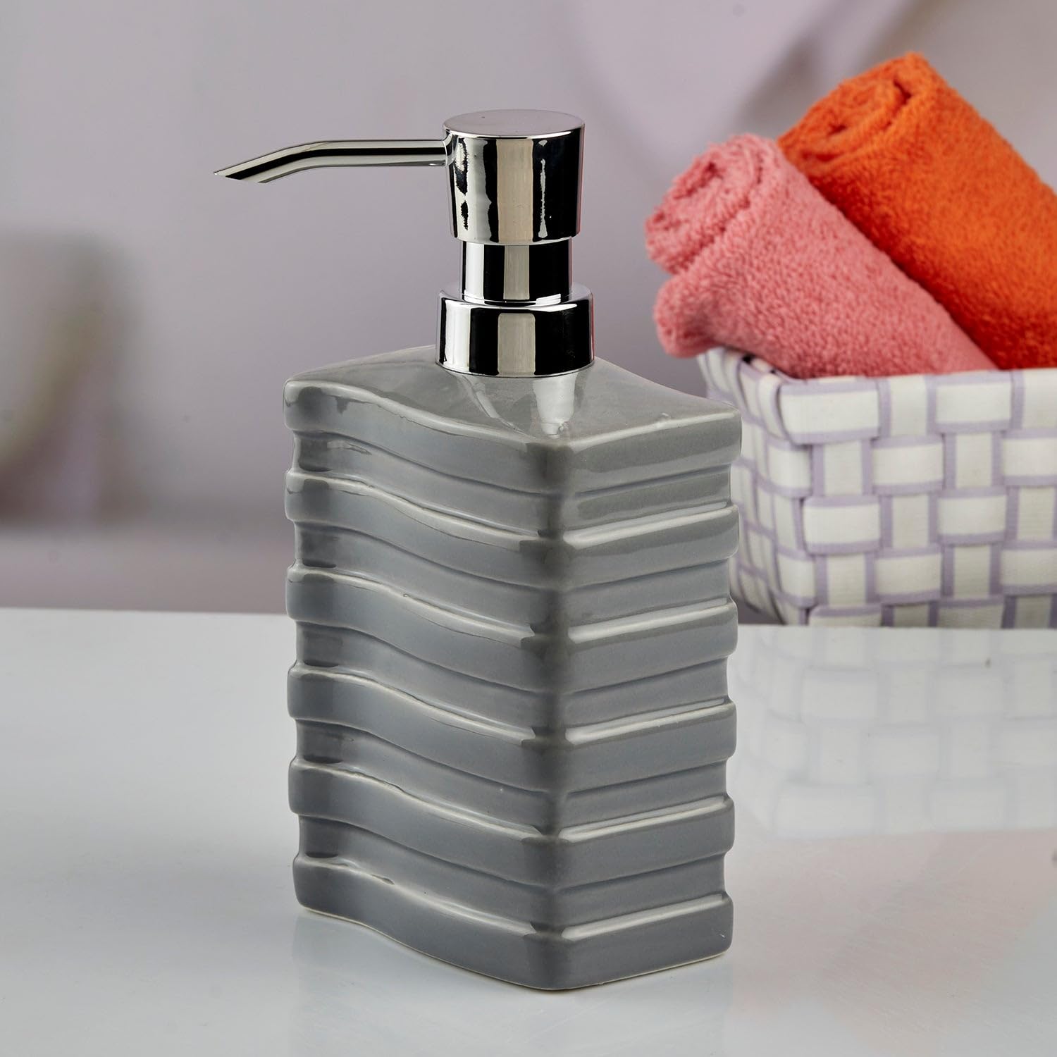 Kookee Ceramic Soap Dispenser with Pump for Kitchen, Bathroom, & Wash Basin, Designer Refillable for Liquid Handwash, Shampoo & Lotion, Leakproof, Set of 1, Grey (10613)-image-49