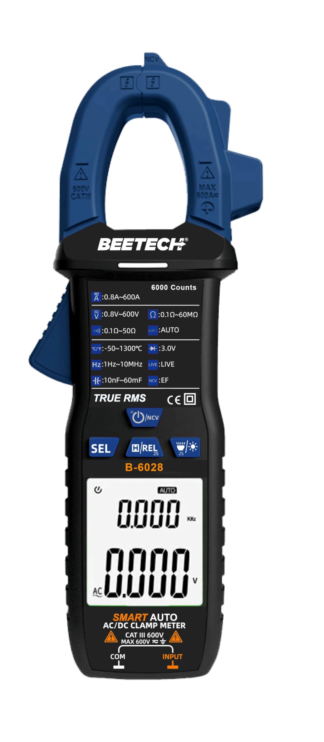 Beetech® B-6028 SMART 600A AC/DC, 600V AC/DC True-RMS Digital Clampmeter, 6000 Counts 3 5/6 Digits with Dual Reading, Resistance, Capacitance, Freq., Temp., NCV, Diode Test, Overload Protection & more