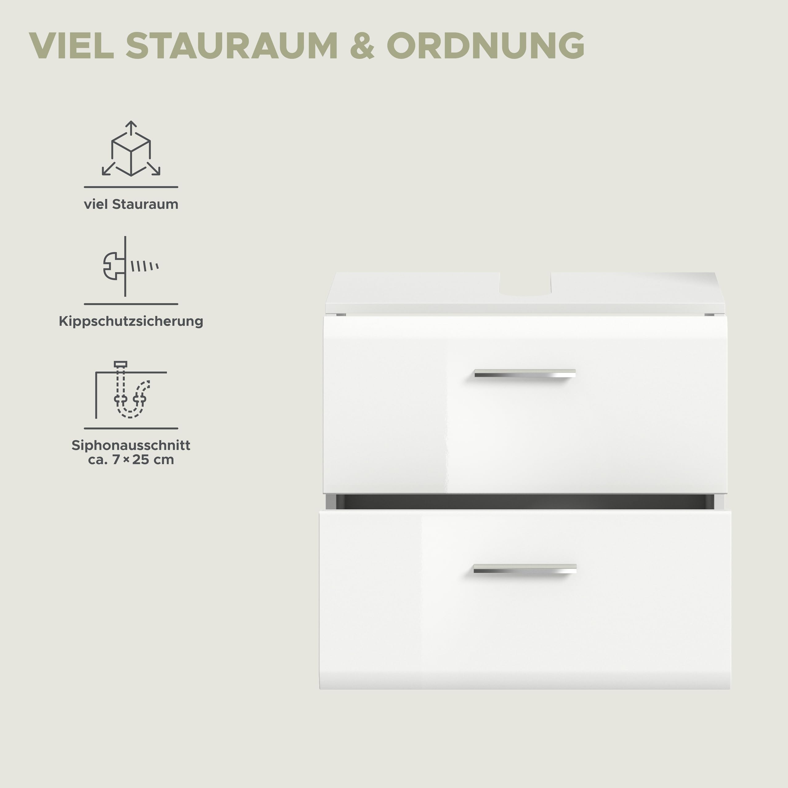 xonox.home - Waschbeckenunterschrank Ice 60x54x32 cm in weiß Hochglanz Tiefziehfront Korpus weiß - Unterschrank Waschtischunterschrank Badezimmerunterschrank - mit 2 Schubkästen