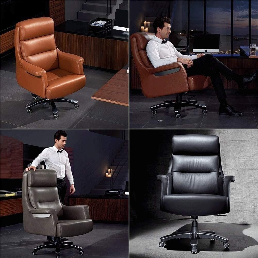 Silla de oficina moderna con asiento acolchado, silla ejecutiva de cuero con altura ajustable y base giratoria, estructura de aluminio, silla de escritorio para computadora, p（Light Brown-One Size）