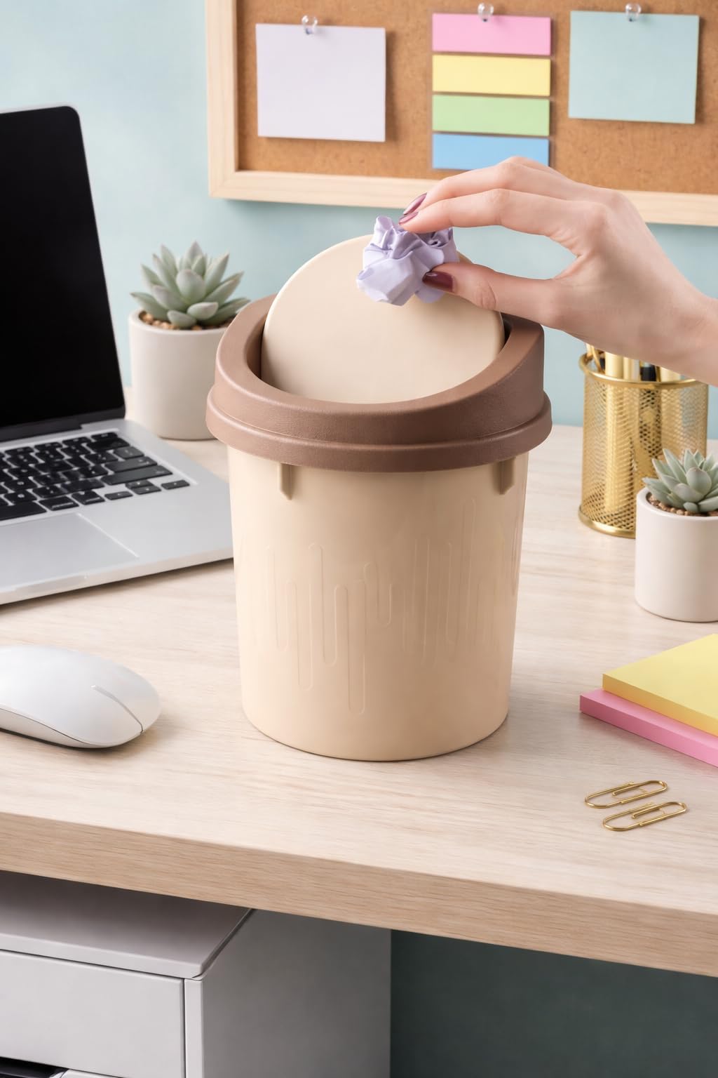 HENOVA Mini Plastic Desk Dustbin with Press Lid, Small Tabletop Waste Bin, 1200ml, for Office, Car, Bathroom and Bedside-image-39