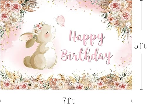 Miniatura 3 de MEHOFOND Fondo floral de cumpleaños para niñas acuarela bohemio flores conejo día de Pascua fondo de fotografía pancarta de feliz cumpleaños pampas
