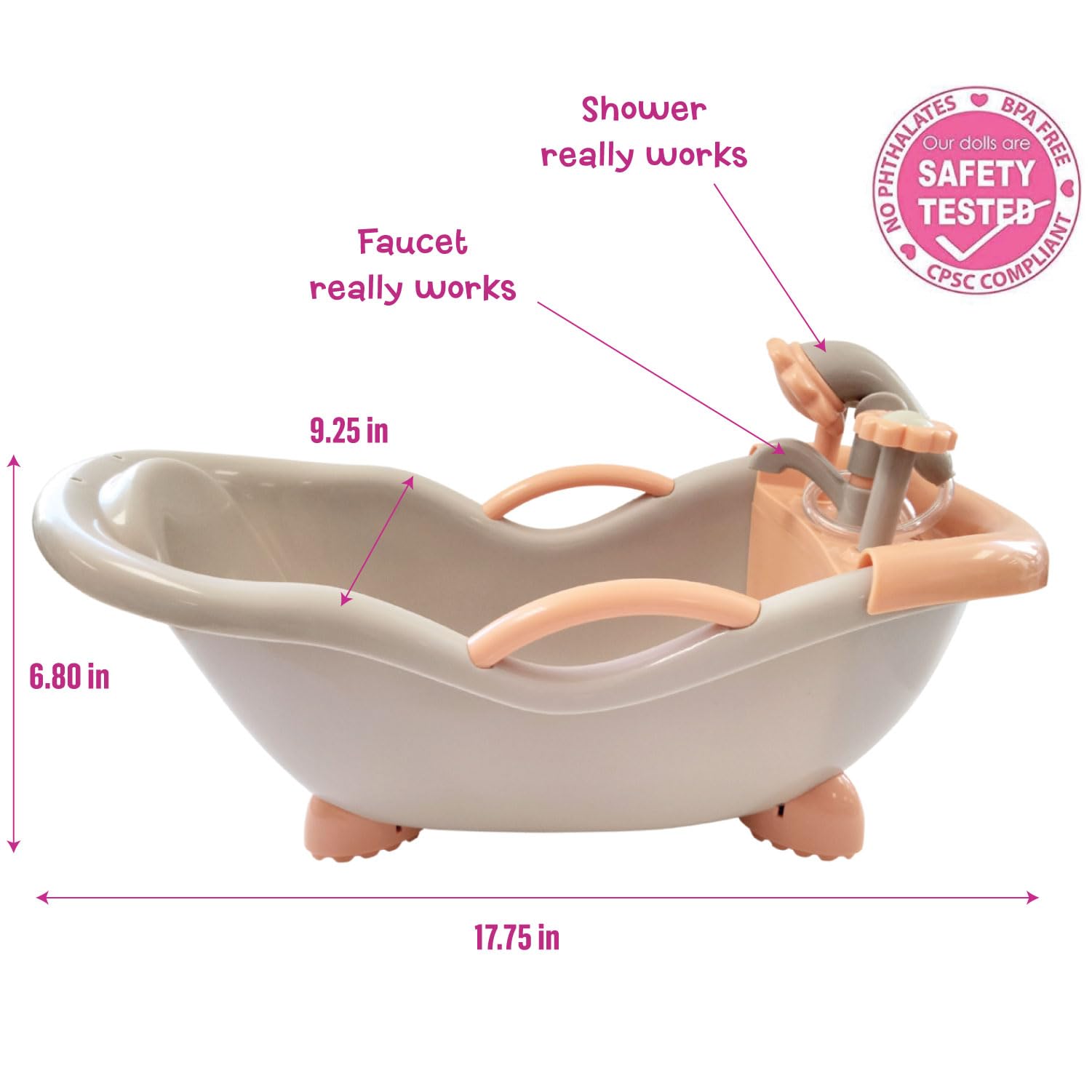 JC Toys - Für eine lange Spielzeit. Baby-Puppen-Badeset, passend für Puppen bis zu 40,6 cm, Dusche und Wasserhahn funktionieren wirklich, Spielzubehör, ab 2 Jahren, Erdtöne