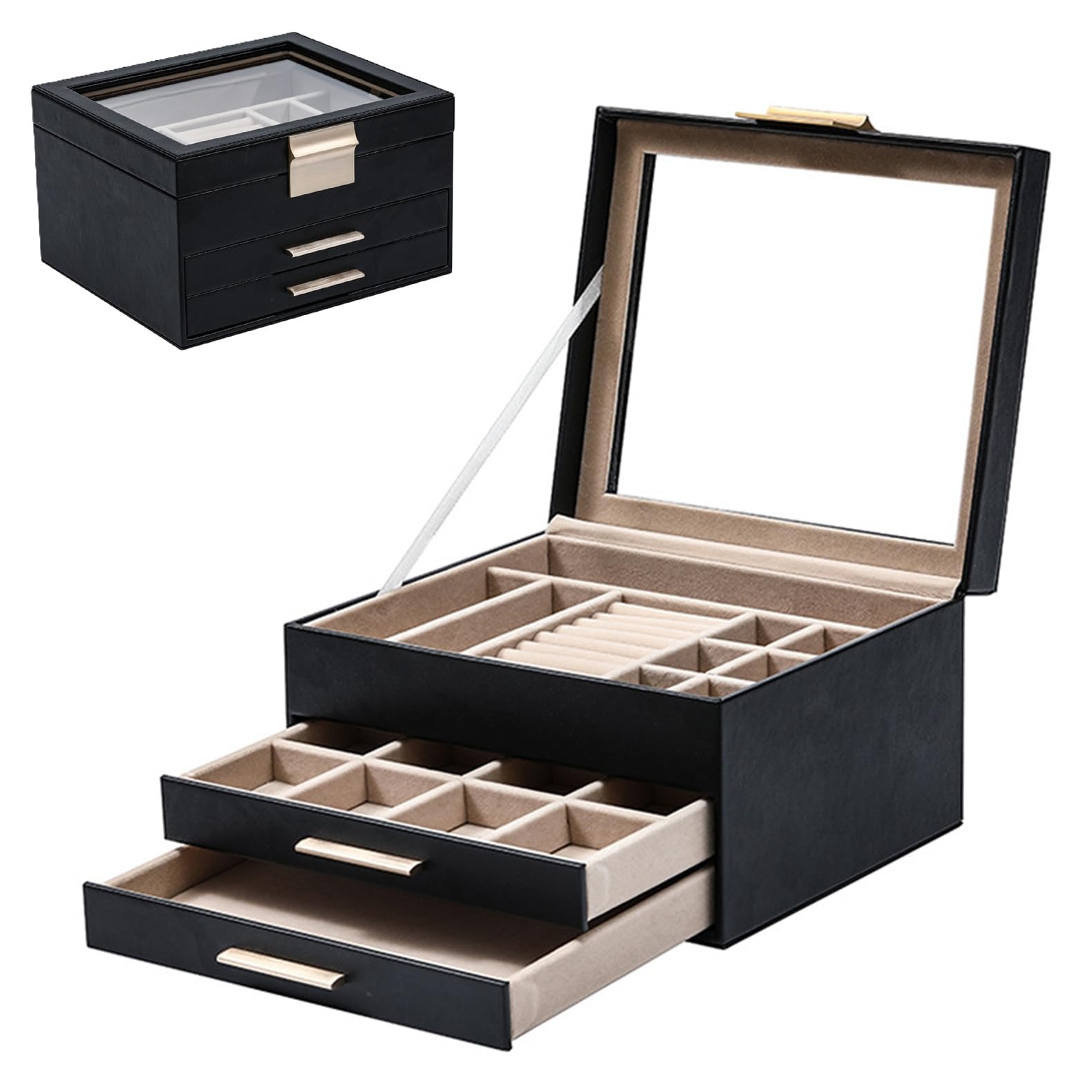 Boîte à bijoux grande capacité TFixol avec boîte de rangement transparente et tiroirs