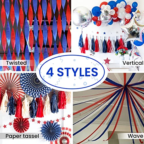 Image of PartyWoo Patriotic Red White and Blue Crepe Paper Streamers 6pcs 492ft Pack of Red White Blue Silver Crepe Paper Streamers for Independence Day 4th of July Memorial Day USA Theme Party Decorations