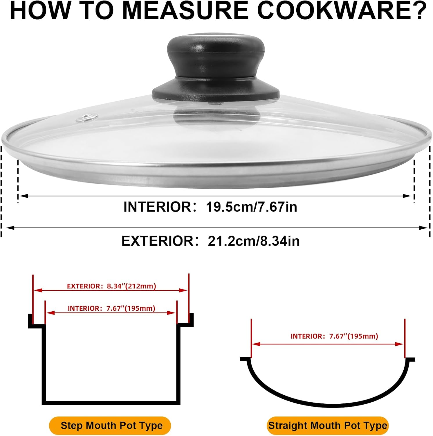 Glass Lid for Frying Pan 8 Inch Tempered Glass Pot Lid Cover with Stainless Steel Rim for Skillets Round Cast Iron Cast Aluminium Stainless Steel Pans Pots (8 Inch)