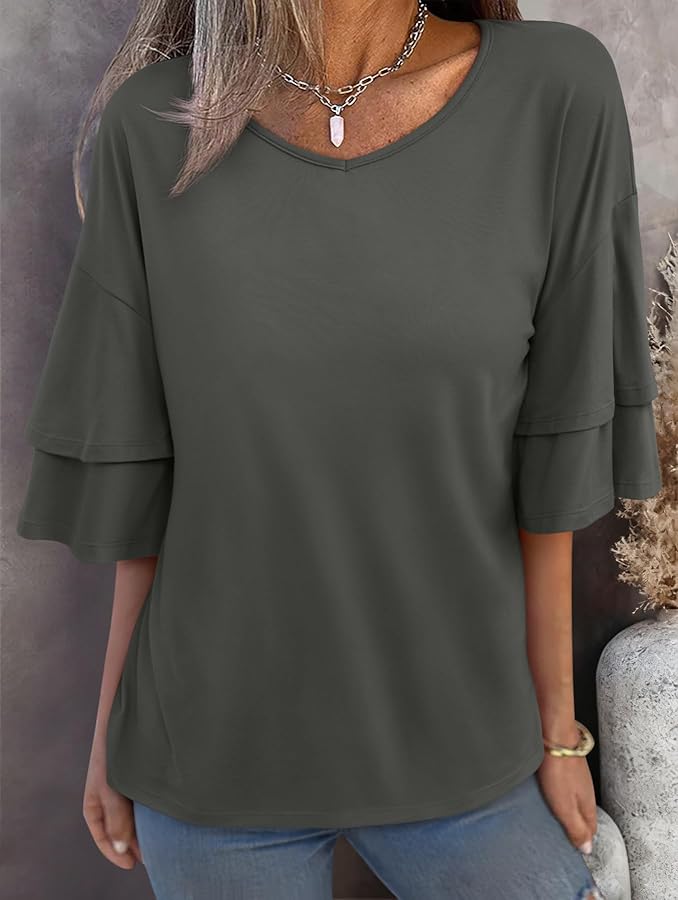 REORIA Shirts for Women's 2026 Ruffle Short Sleeve T Shirts Casual V Neck Cute Tops Fashion Blouse Clothes Dark Green Medium - image 4