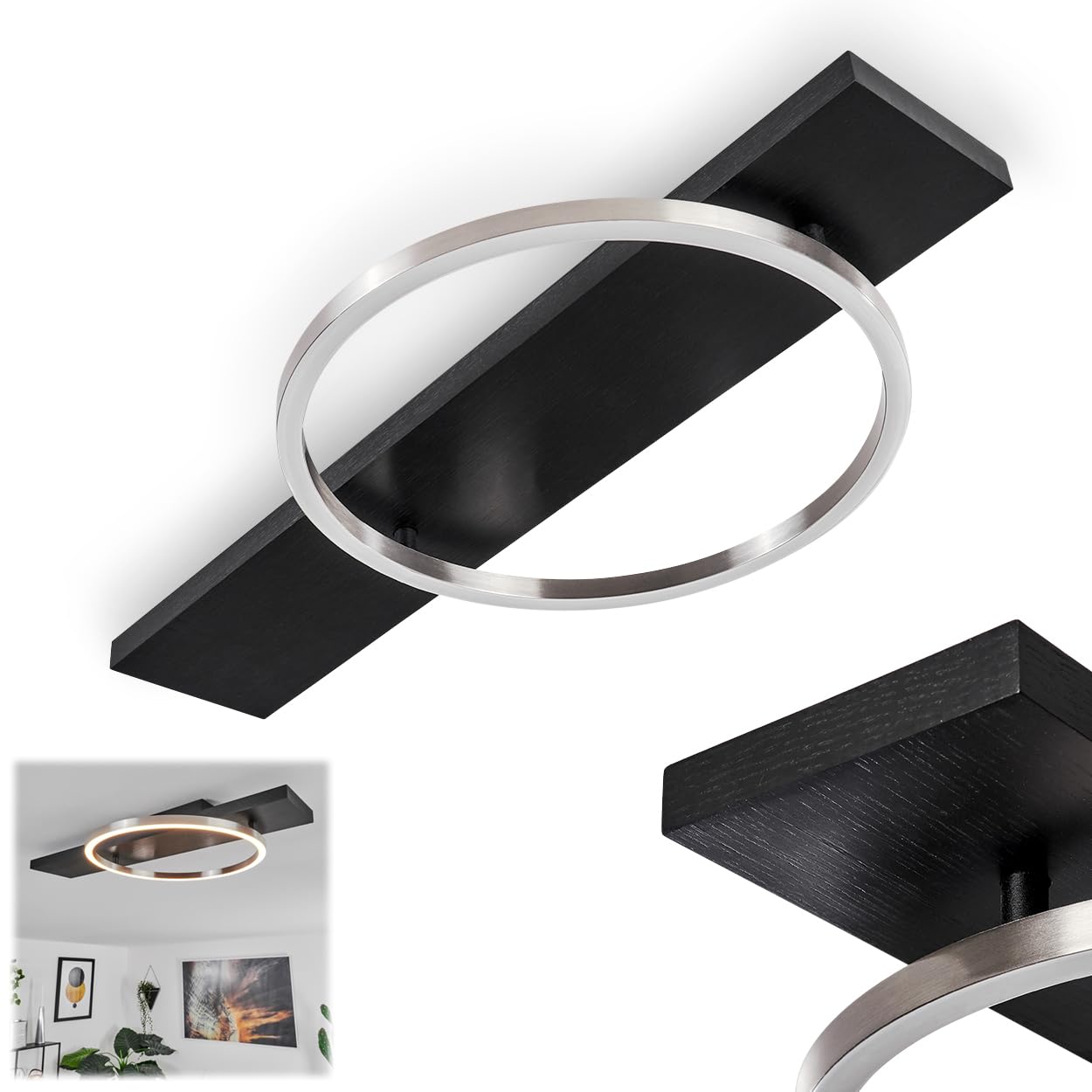 Hofstein Black Led Ceiling Lamp Pompu, Dimmable Metal/Wood/Plastic Ceiling Lamp In /Nickel Matt/White, Led 12 Watt, 3000K, 1700 Lumen