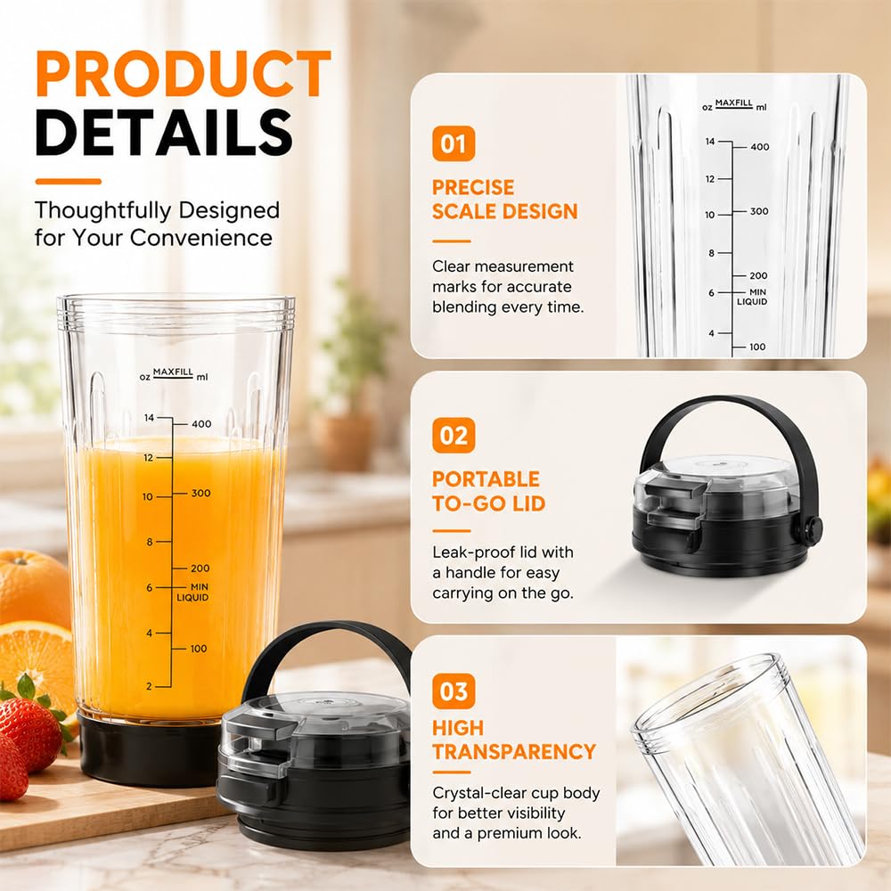 Kubek blendera do ninja serii BC100/BC151, HOVCEH 530 ml Trzepaczka z ustnikiem do picia i Jermetyczną pokrywką do blendera ninja, kubek mikserów zamiennych do ninja blender