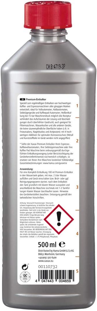 Back of Xavax Premium Descaler bottle with instructions and warning labels